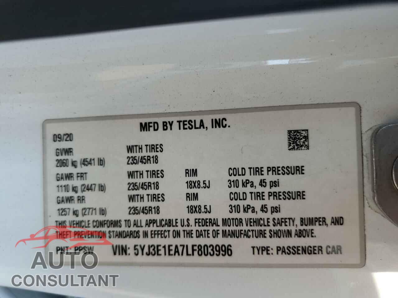 TESLA MODEL 3 2020 - 5YJ3E1EA7LF803996
