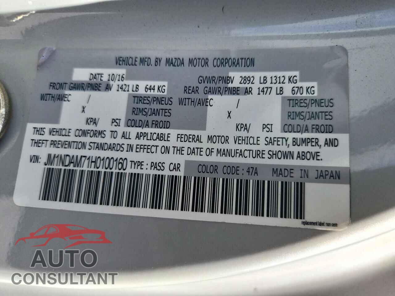 MAZDA MX5 2017 - JM1NDAM71H0100160