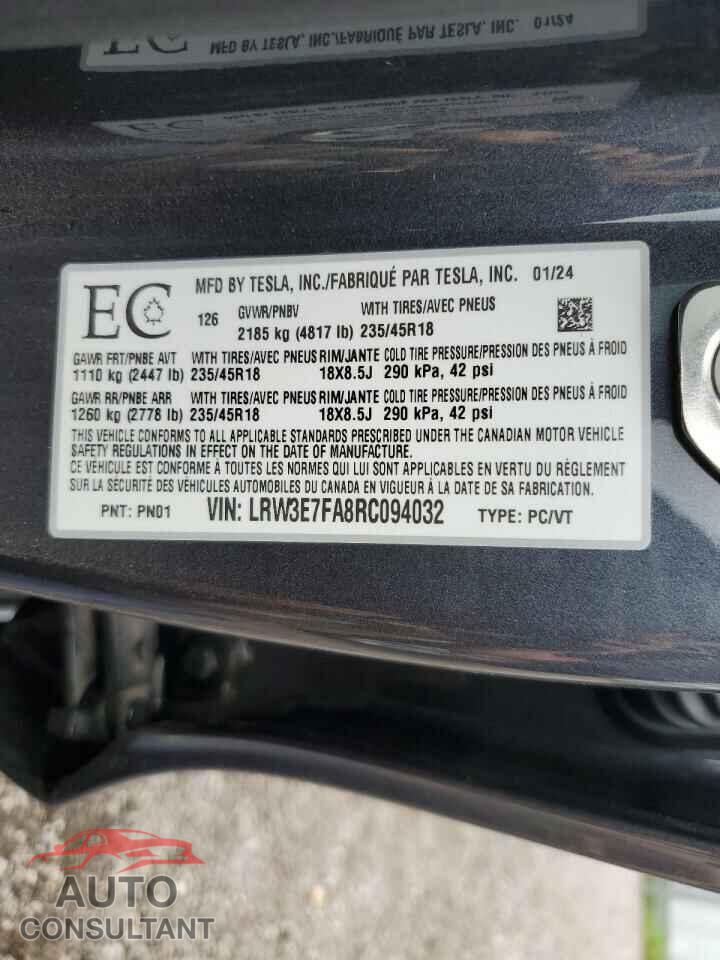 TESLA MODEL 3 2024 - LRW3E7FA8RC094032