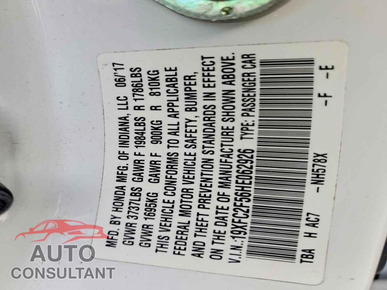 HONDA CIVIC 2017 - 19XFC2F56HE062926