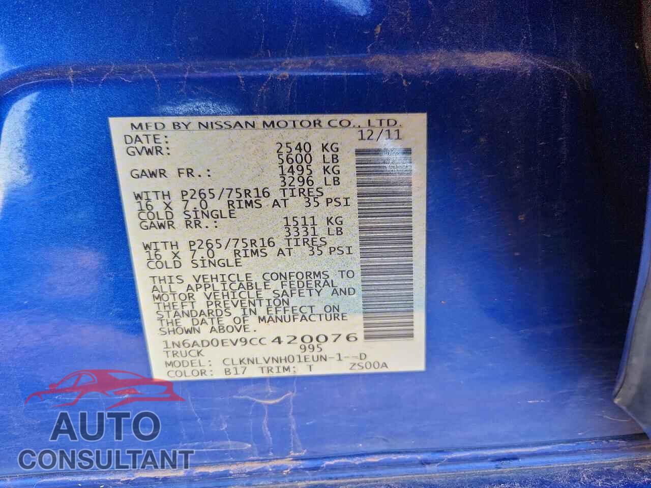 NISSAN FRONTIER 2012 - 1N6AD0EV9CC420076