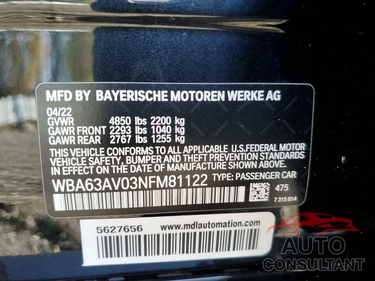 BMW 4 SERIES 2022 - WBA63AV03NFM81122