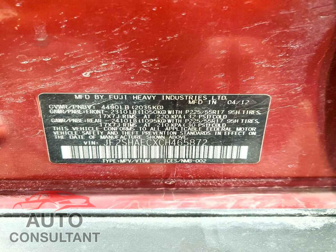 SUBARU FORESTER 2012 - JF2SHAECXCH465872