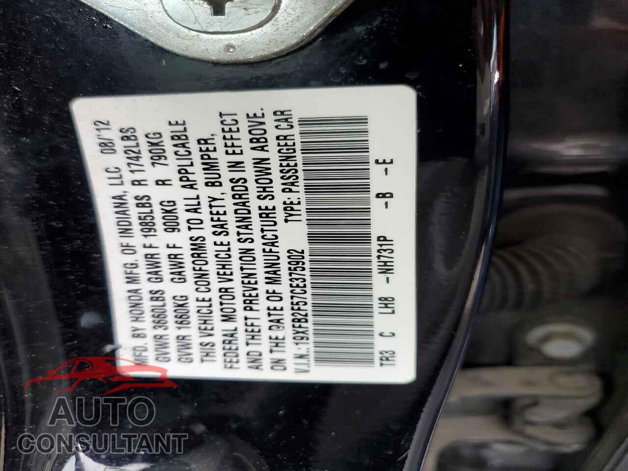 HONDA CIVIC 2012 - 19XFB2F57CE375902
