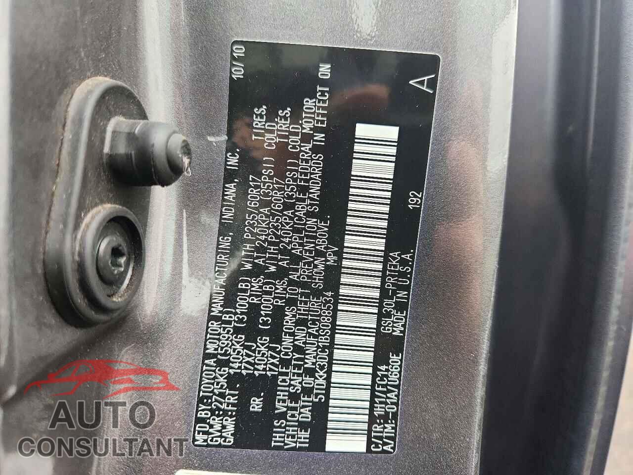 TOYOTA SIENNA 2011 - 5TDKK3DC1BS088534