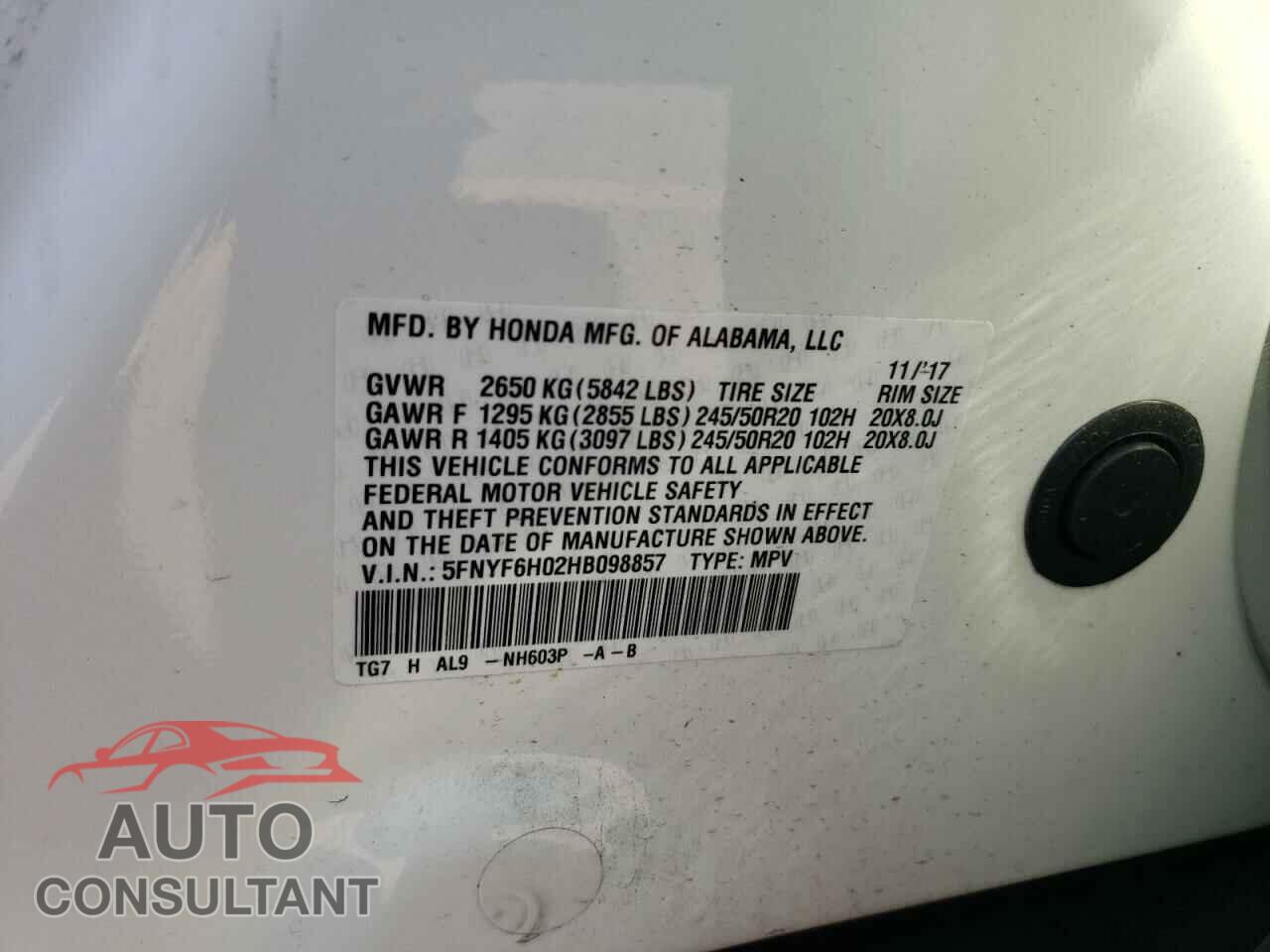 HONDA PILOT 2017 - 5FNYF6H02HB098857