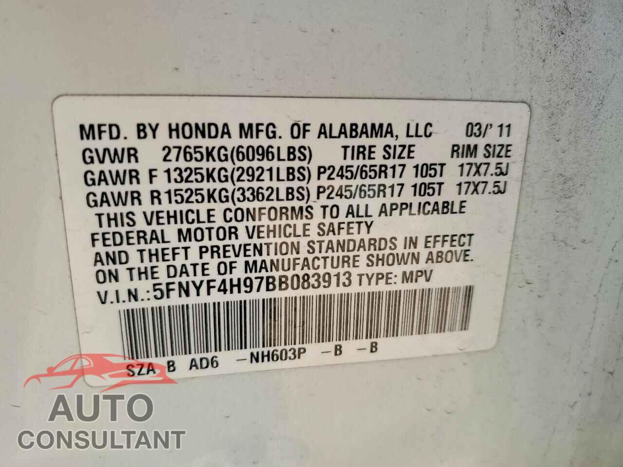 HONDA PILOT 2011 - 5FNYF4H97BB083913