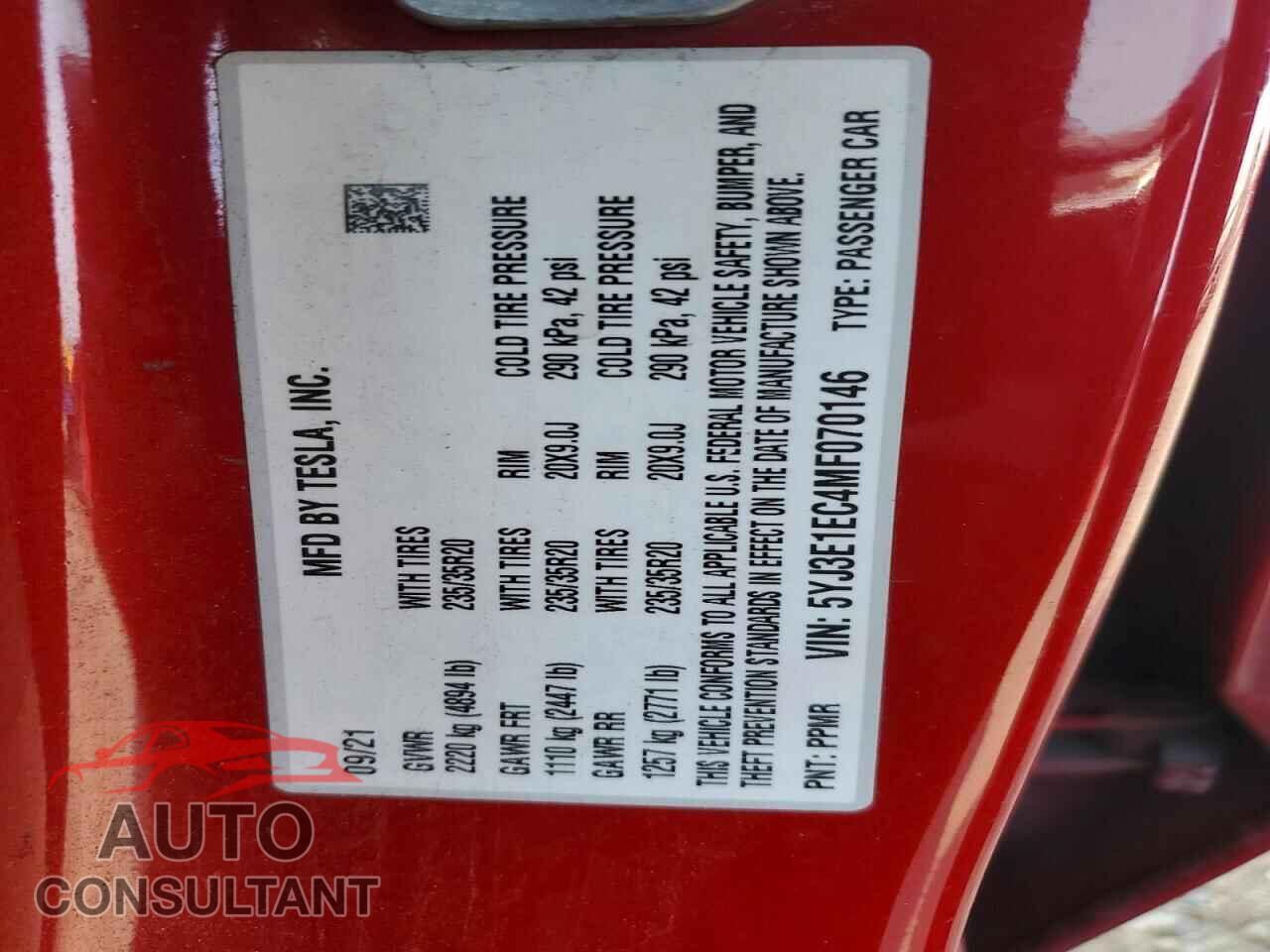 TESLA MODEL 3 2021 - 5YJ3E1EC4MF070146