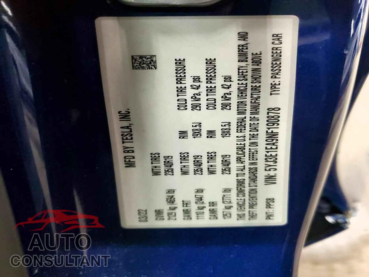 TESLA MODEL 3 2022 - 5YJ3E1EA9NF190878
