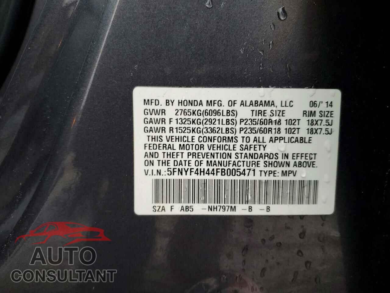 HONDA PILOT 2015 - 5FNYF4H44FB005471