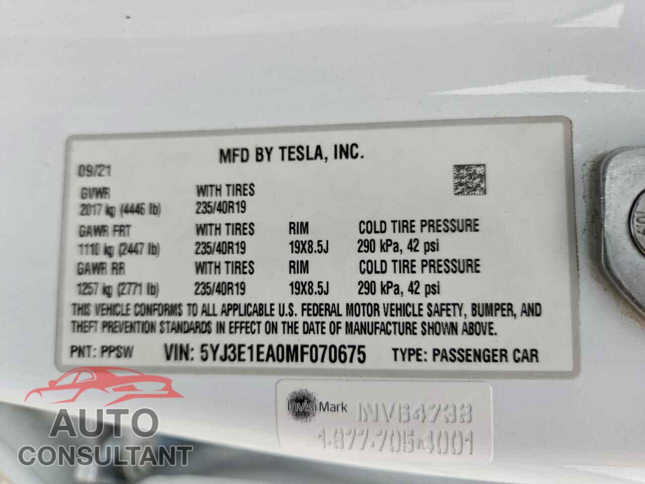 TESLA MODEL 3 2021 - 5YJ3E1EA0MF070675