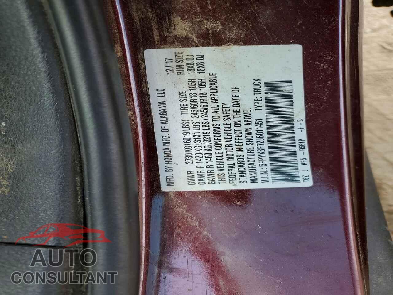 HONDA RIDGELINE 2018 - 5FPYK3F72JB011451