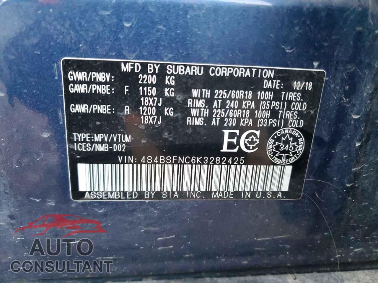 SUBARU OUTBACK 2019 - 4S4BSFNC6K3282425