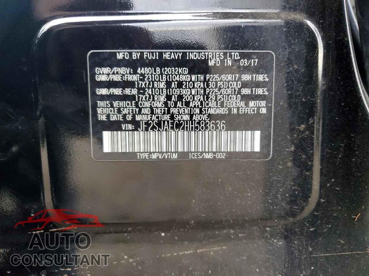 SUBARU FORESTER 2 2017 - JF2SJAEC2HH583636