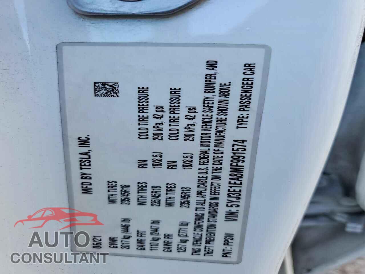 TESLA MODEL 3 2021 - 5YJ3E1EA8MF991574