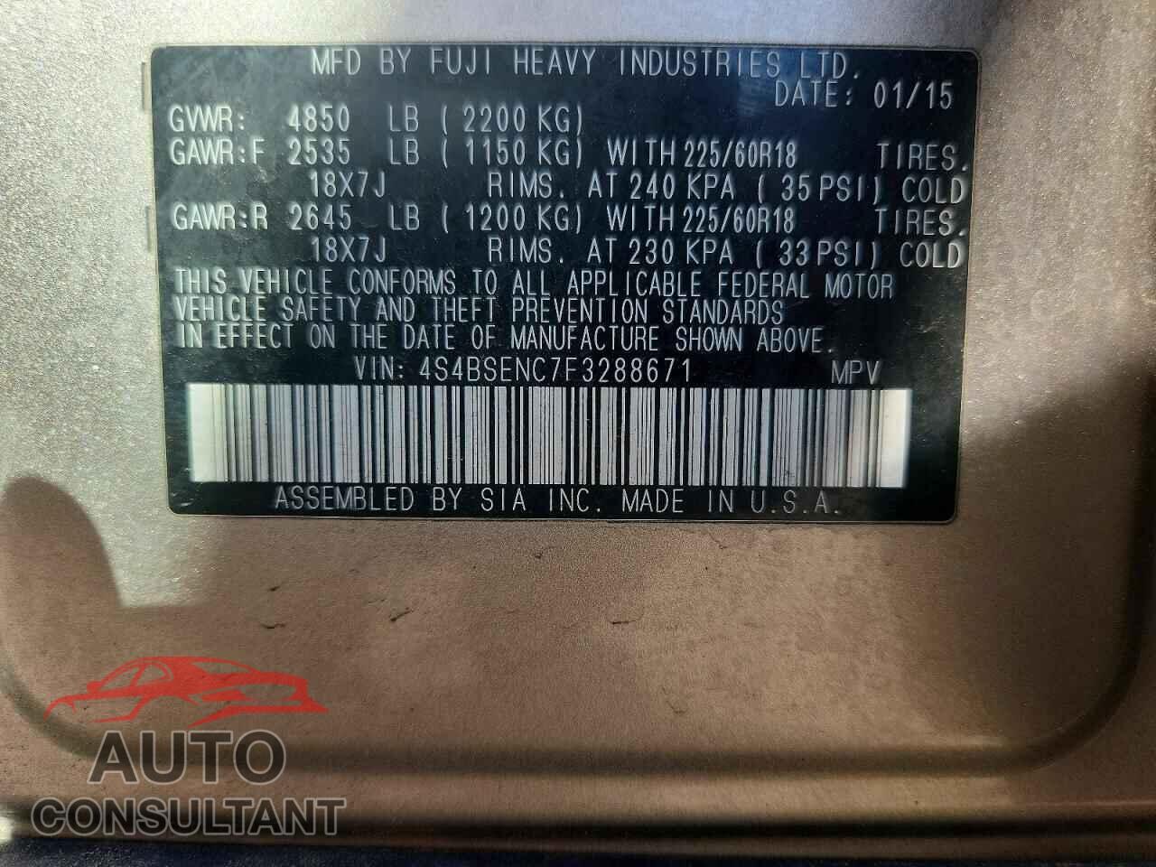 SUBARU OUTBACK 2015 - 4S4BSENC7F3288671