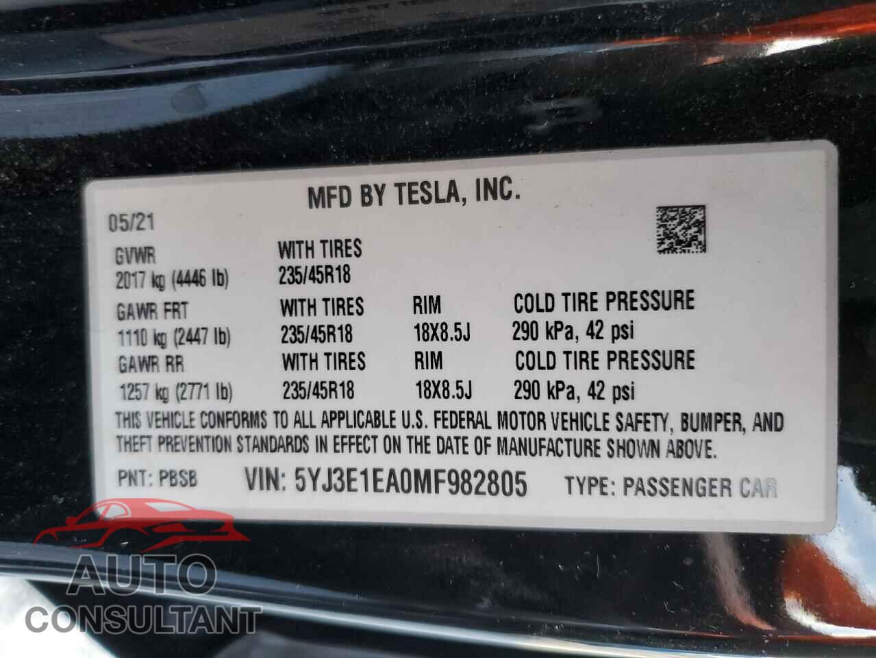 TESLA MODEL 3 2021 - 5YJ3E1EA0MF982805