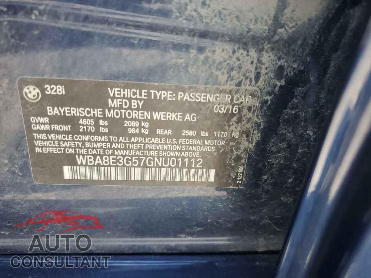 BMW 3 SERIES 2016 - WBA8E3G57GNU01112