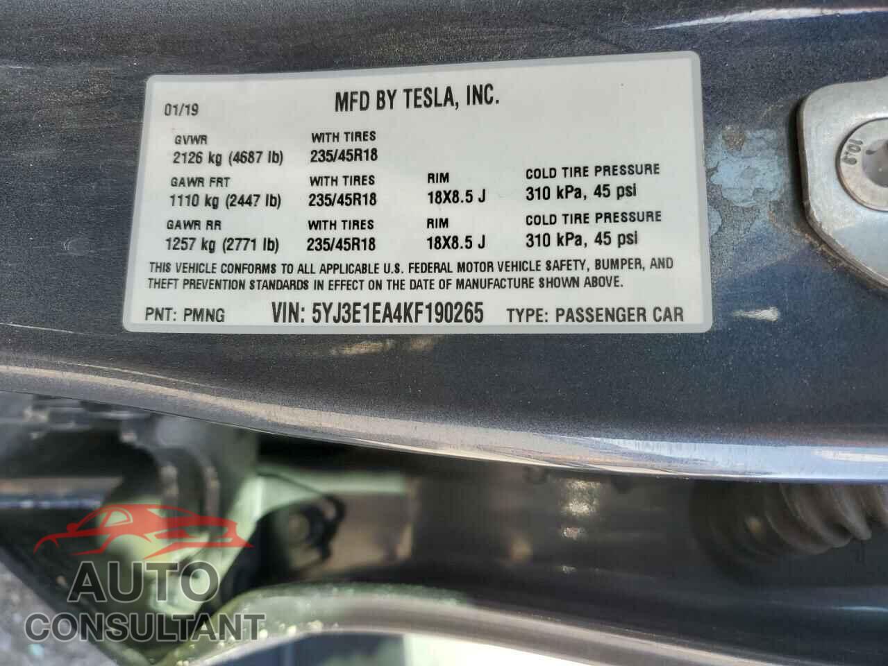 TESLA MODEL 3 2019 - 5YJ3E1EA4KF190265