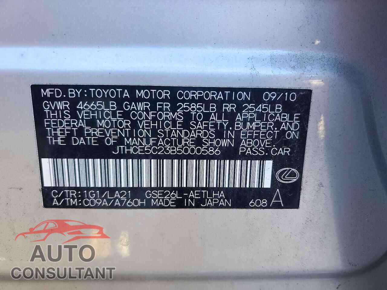 LEXUS IS 2011 - JTHCE5C23B5000586