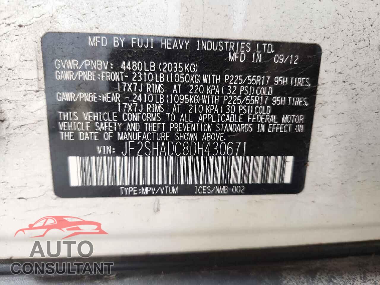 SUBARU FORESTER 2013 - JF2SHADC8DH430671