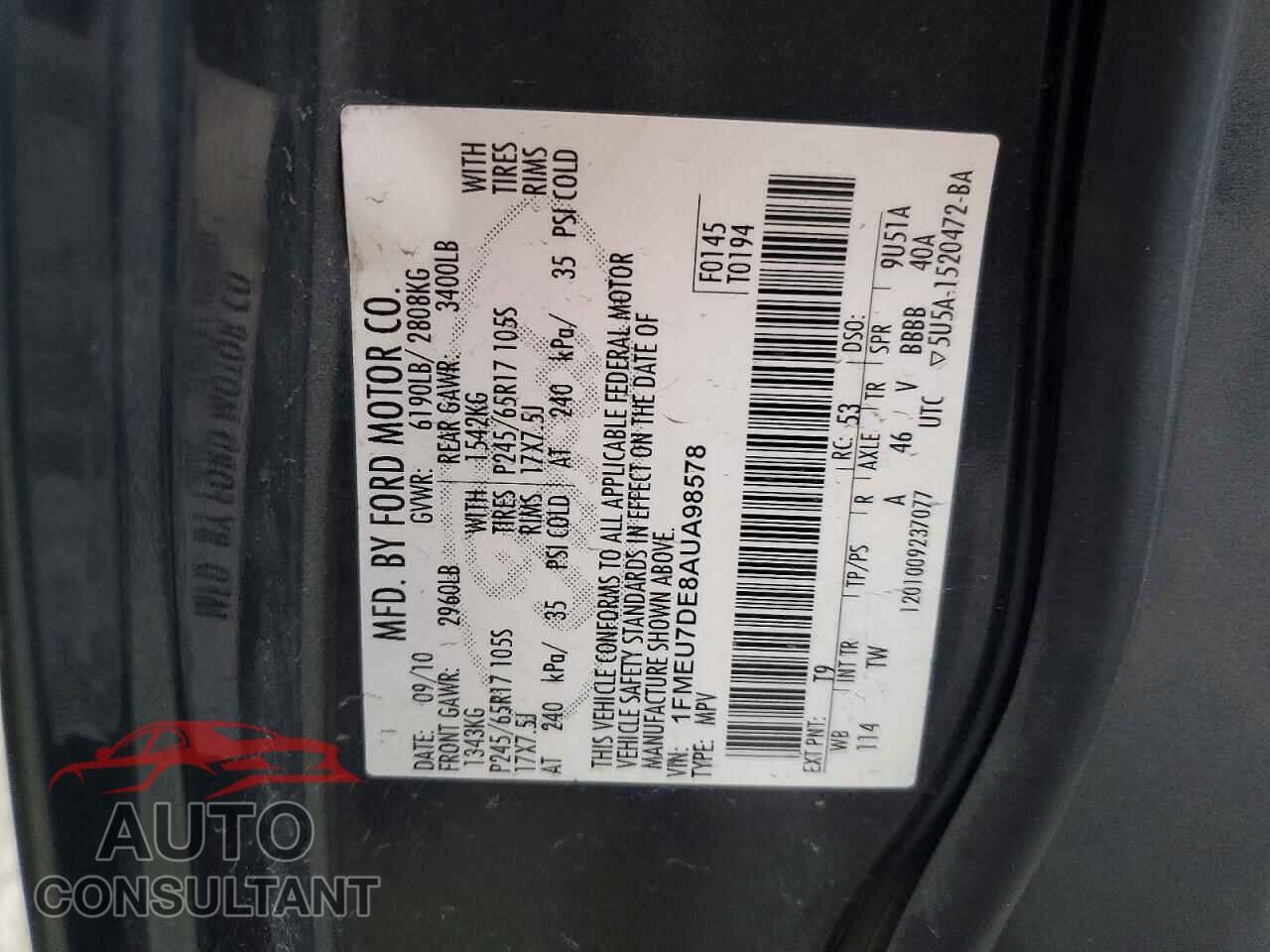 FORD EXPLORER 2010 - 1FMEU7DE8AUA98578