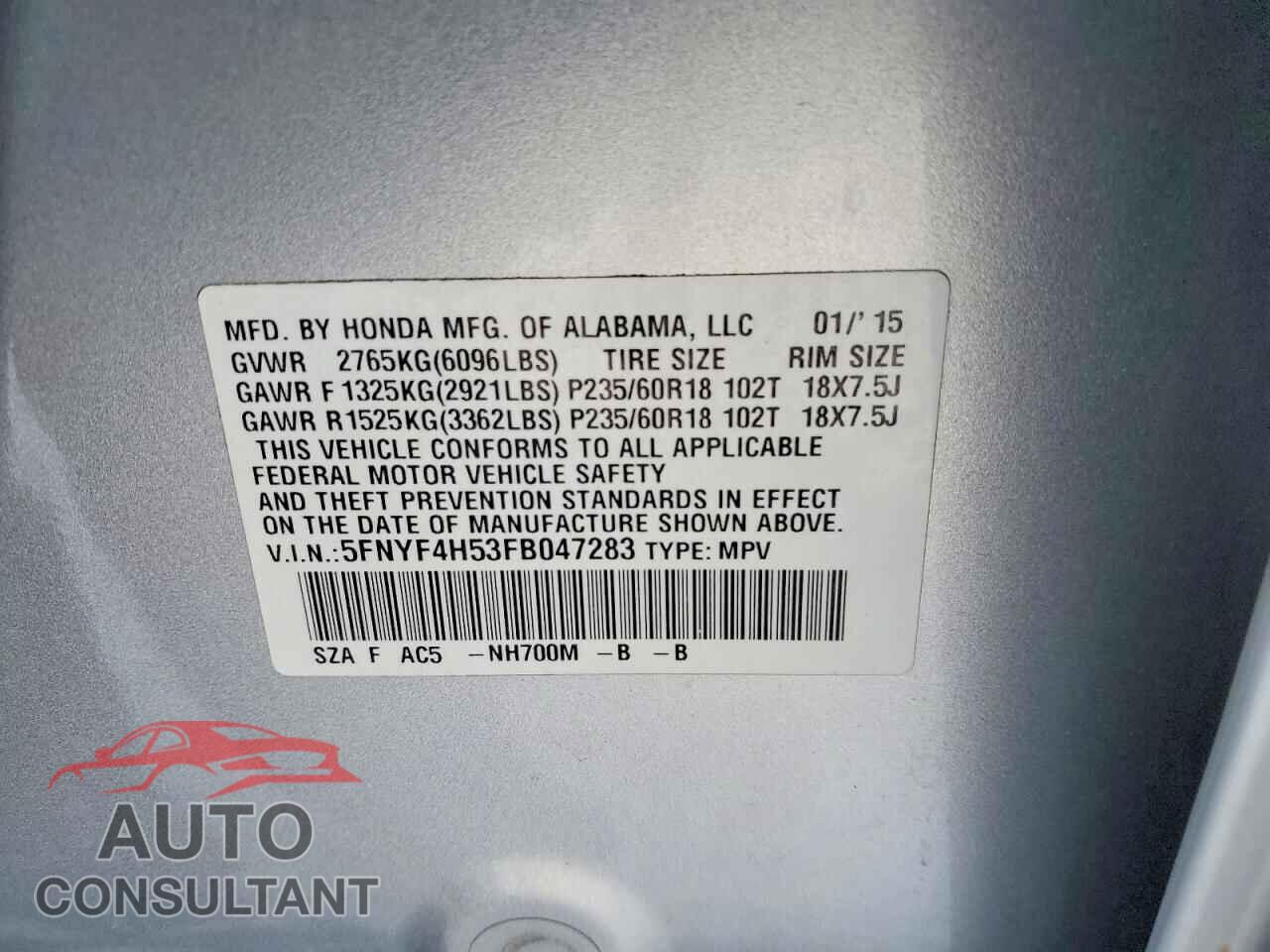 HONDA PILOT 2015 - 5FNYF4H53FB047283
