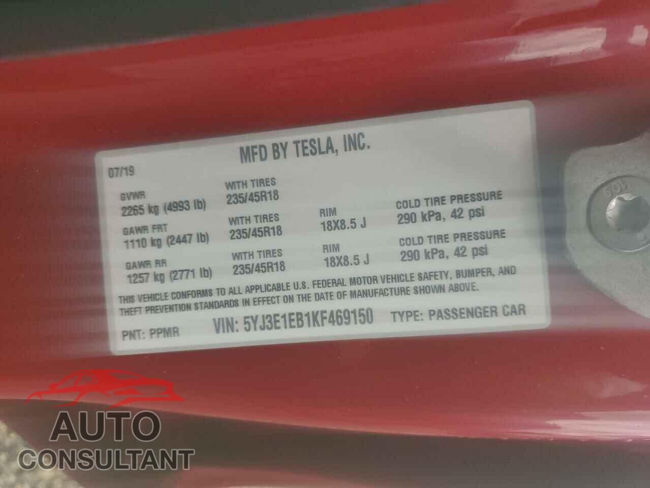 TESLA MODEL 3 2019 - 5YJ3E1EB1KF469150