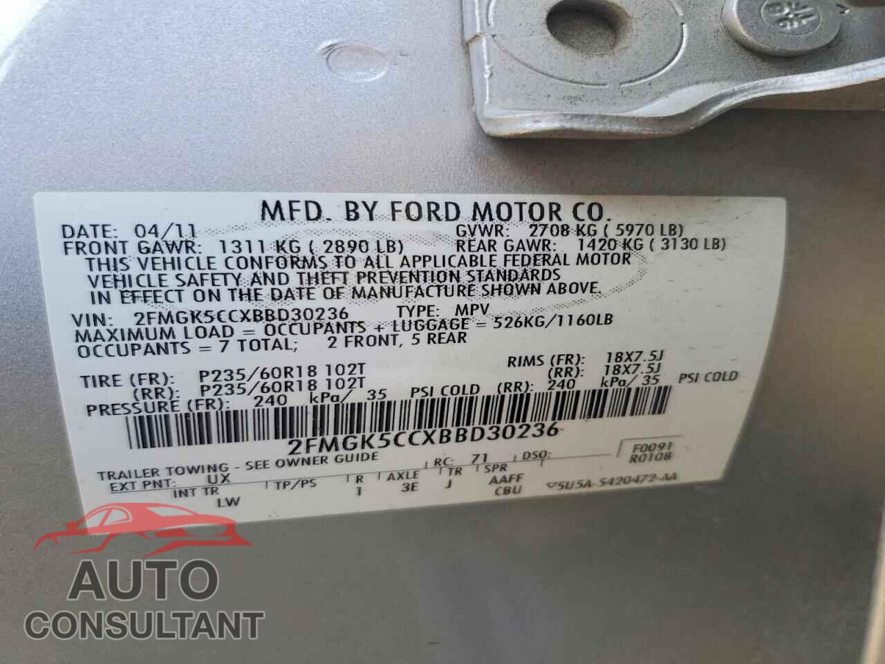 FORD FLEX 2011 - 2FMGK5CCXBBD30236
