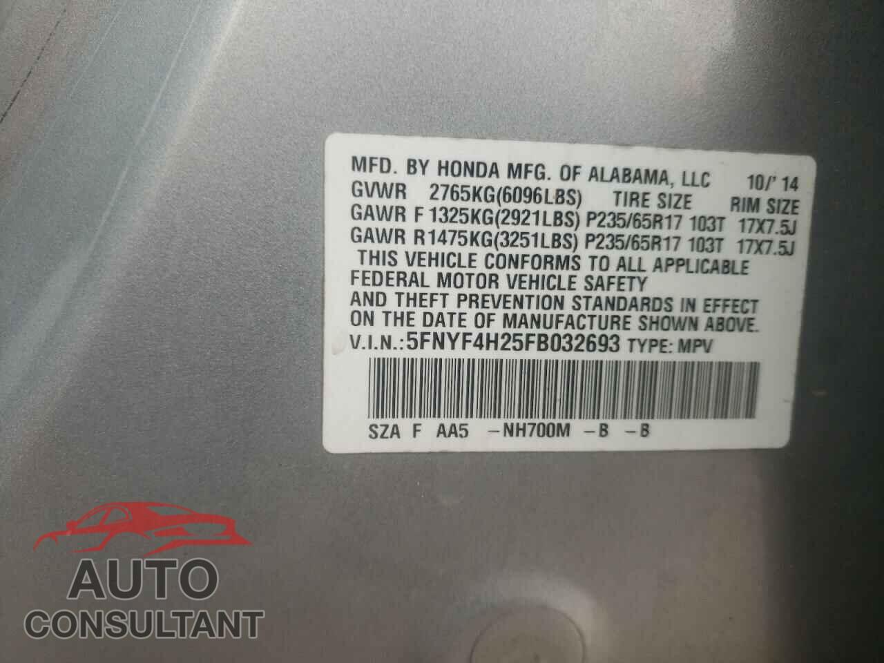 HONDA PILOT 2015 - 5FNYF4H25FB032693