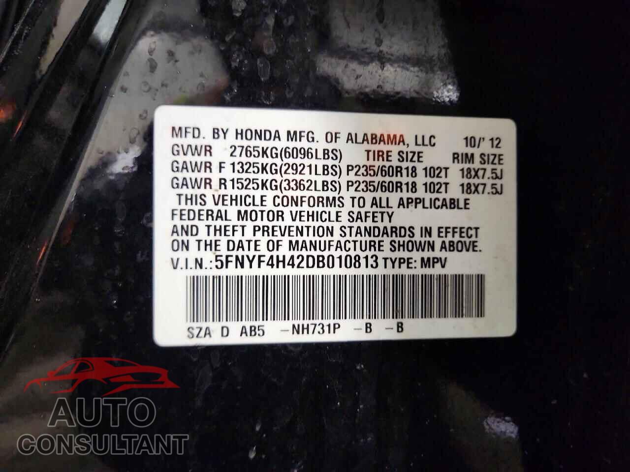 HONDA PILOT 2013 - 5FNYF4H42DB010813