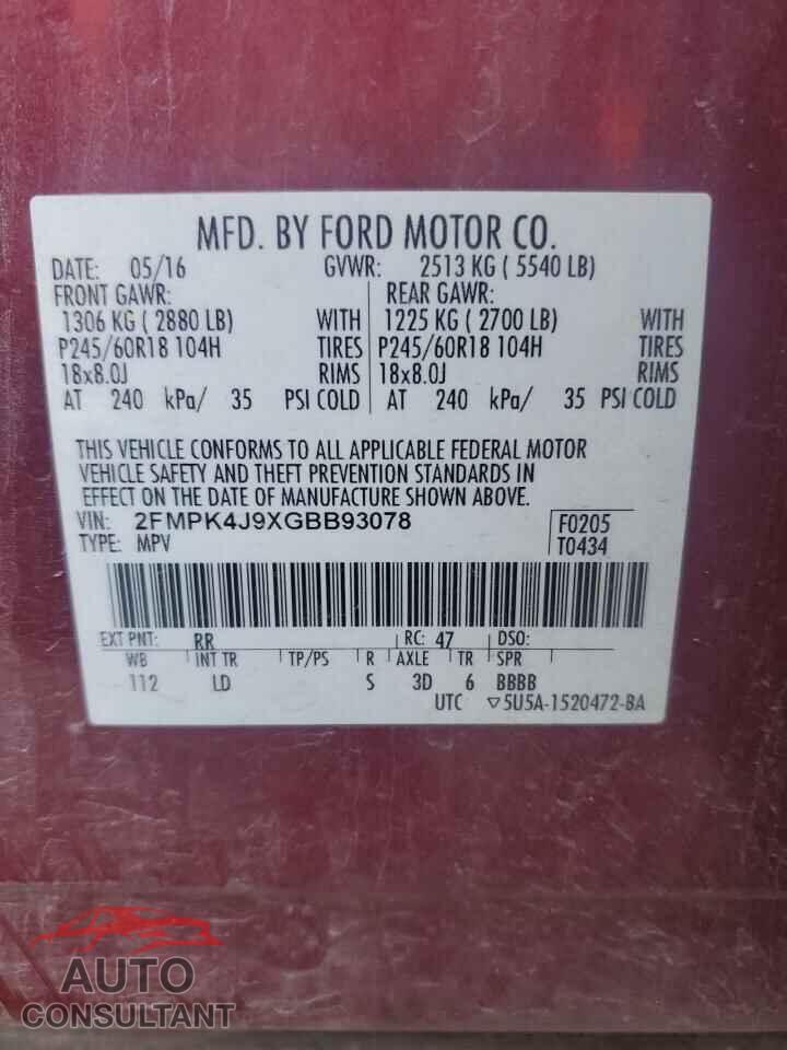 FORD EDGE 2016 - 2FMPK4J9XGBB93078