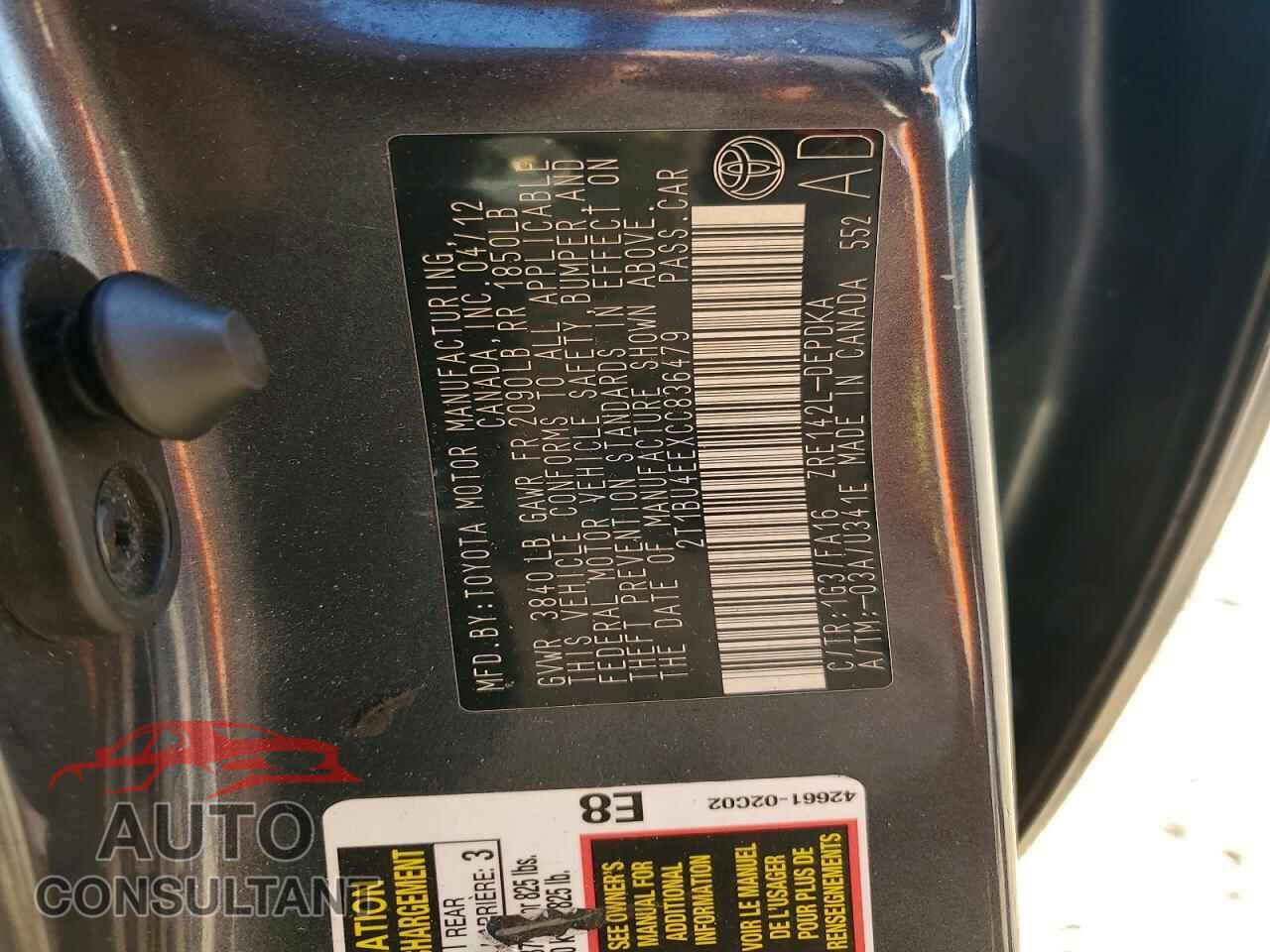 TOYOTA COROLLA 2012 - 2T1BU4EEXCC836479