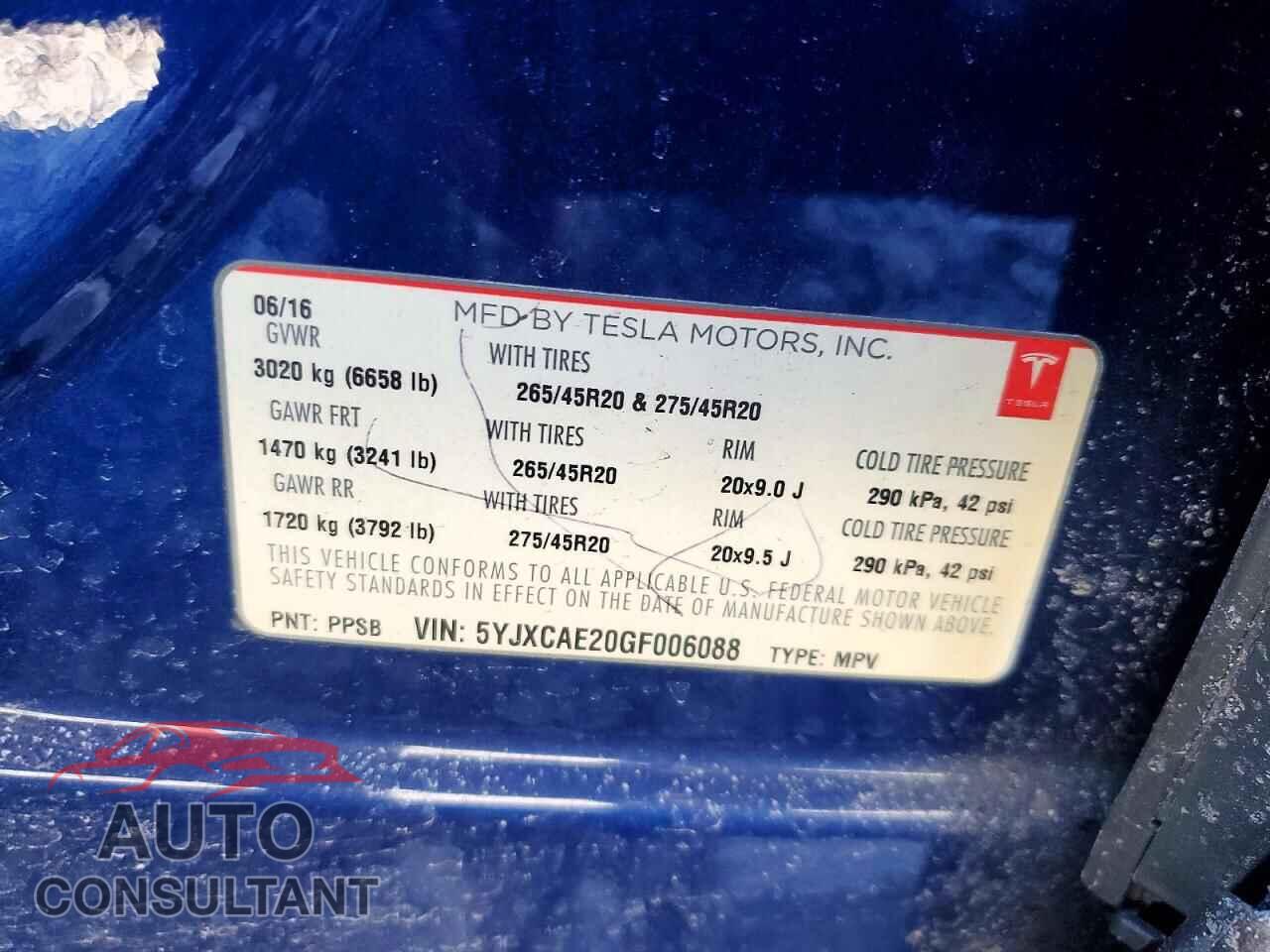TESLA MODEL X 2016 - 5YJXCAE20GF006088