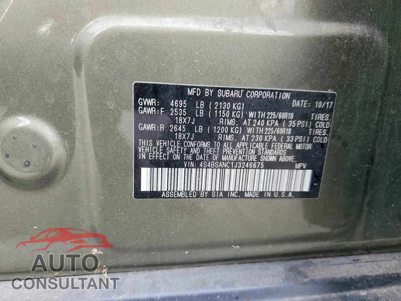 SUBARU OUTBACK 2018 - 4S4BSANC1J3246675