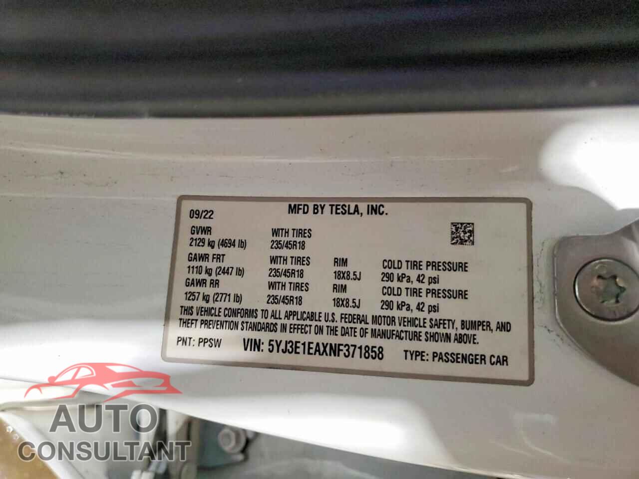 TESLA MODEL 3 2022 - 5YJ3E1EAXNF371858