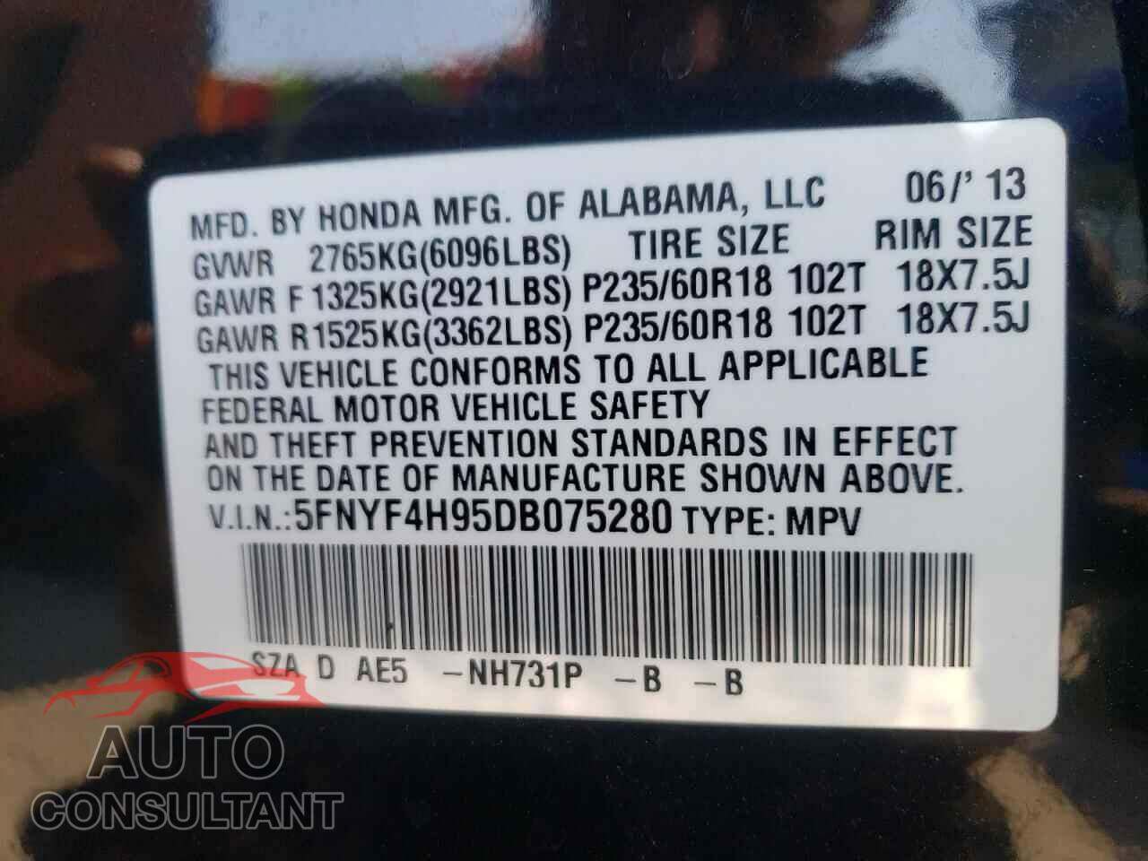 HONDA PILOT 2013 - 5FNYF4H95DB075280