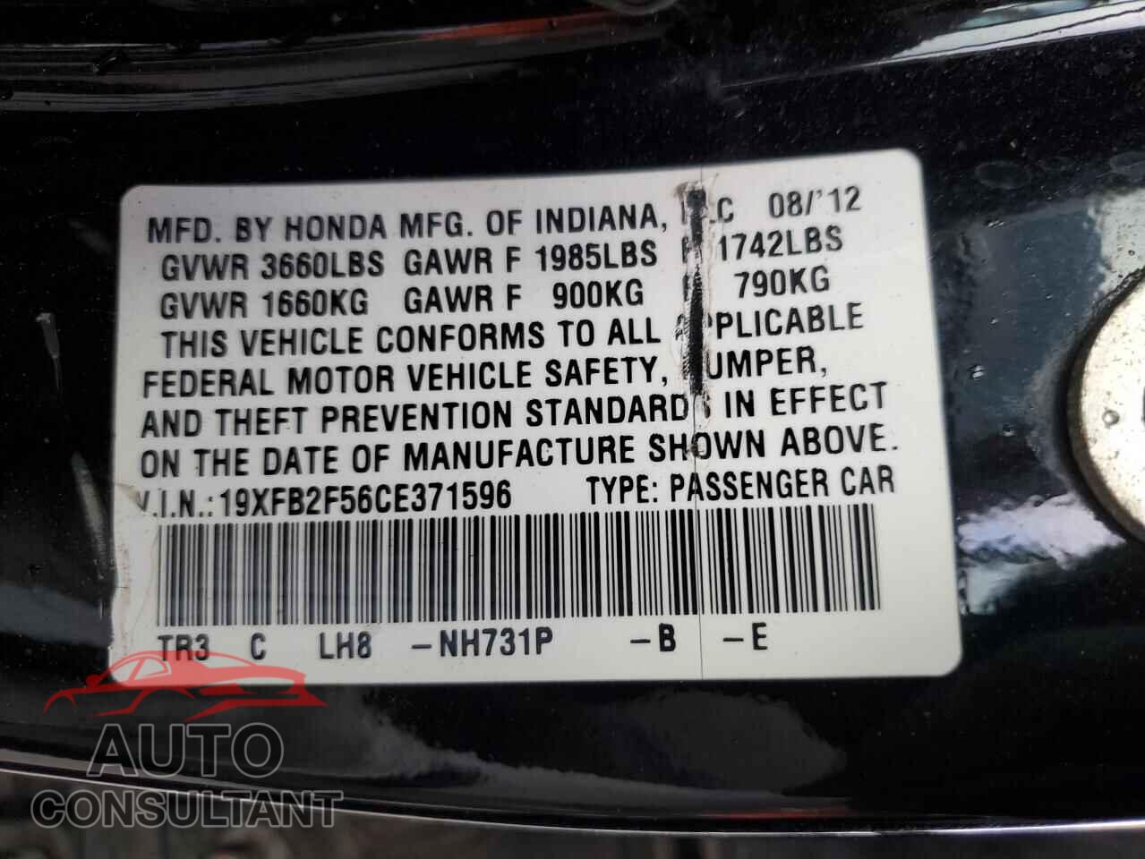 HONDA CIVIC 2012 - 19XFB2F56CE371596