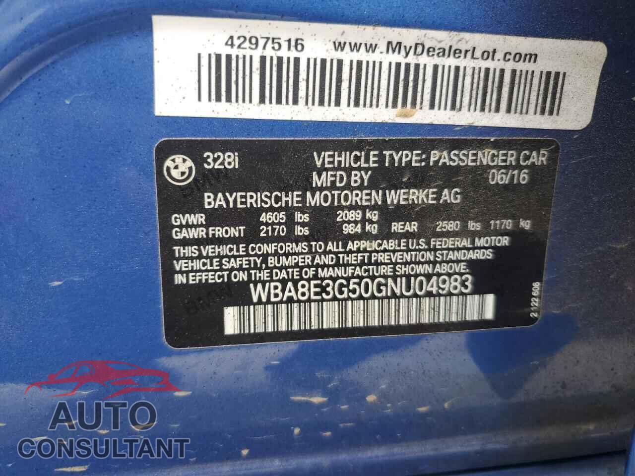BMW 3 SERIES 2016 - WBA8E3G50GNU04983