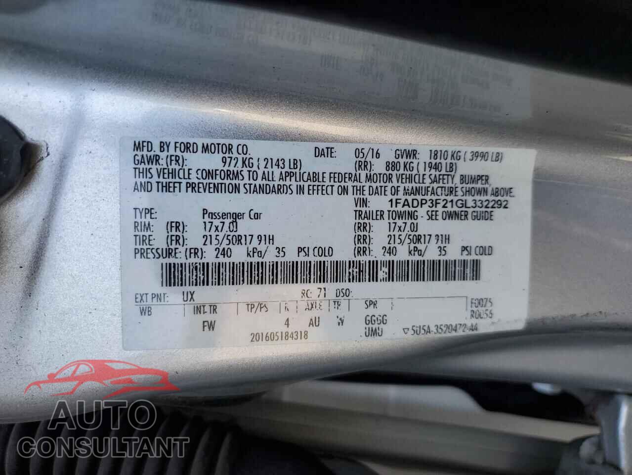 FORD FOCUS 2016 - 1FADP3F21GL332292
