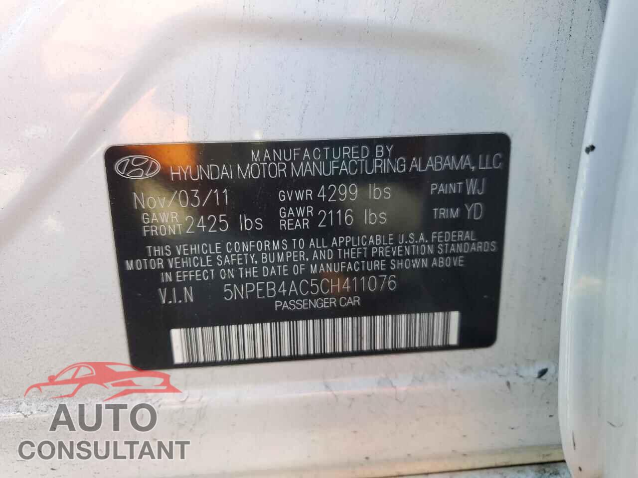 HYUNDAI SONATA 2012 - 5NPEB4AC5CH411076