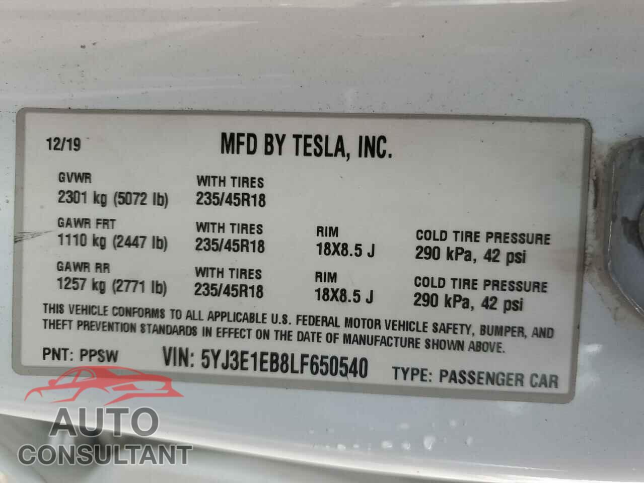 TESLA MODEL 3 2020 - 5YJ3E1EB8LF650540