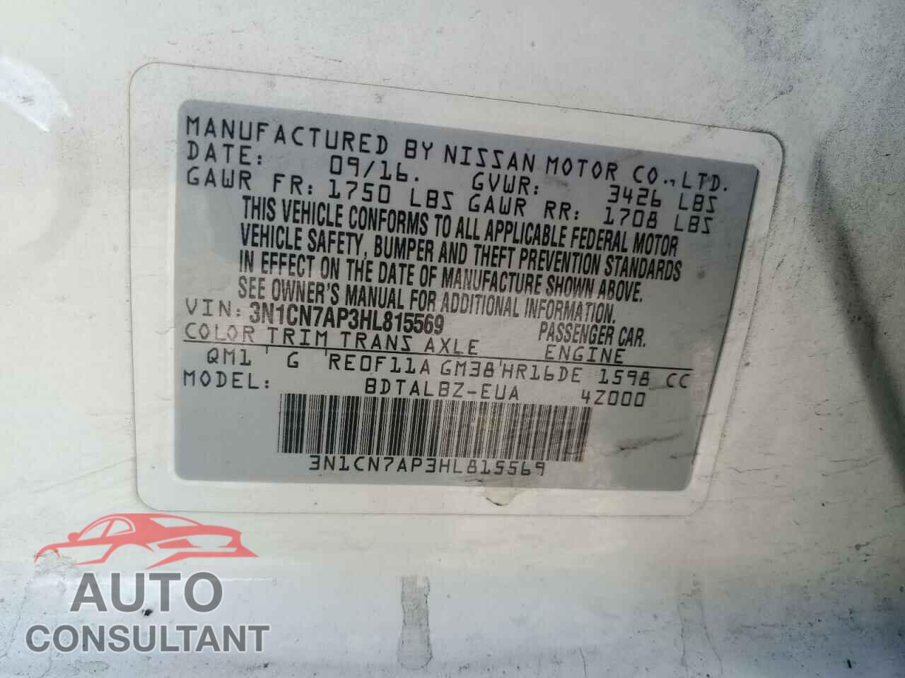 NISSAN VERSA 2017 - 3N1CN7AP3HL815569