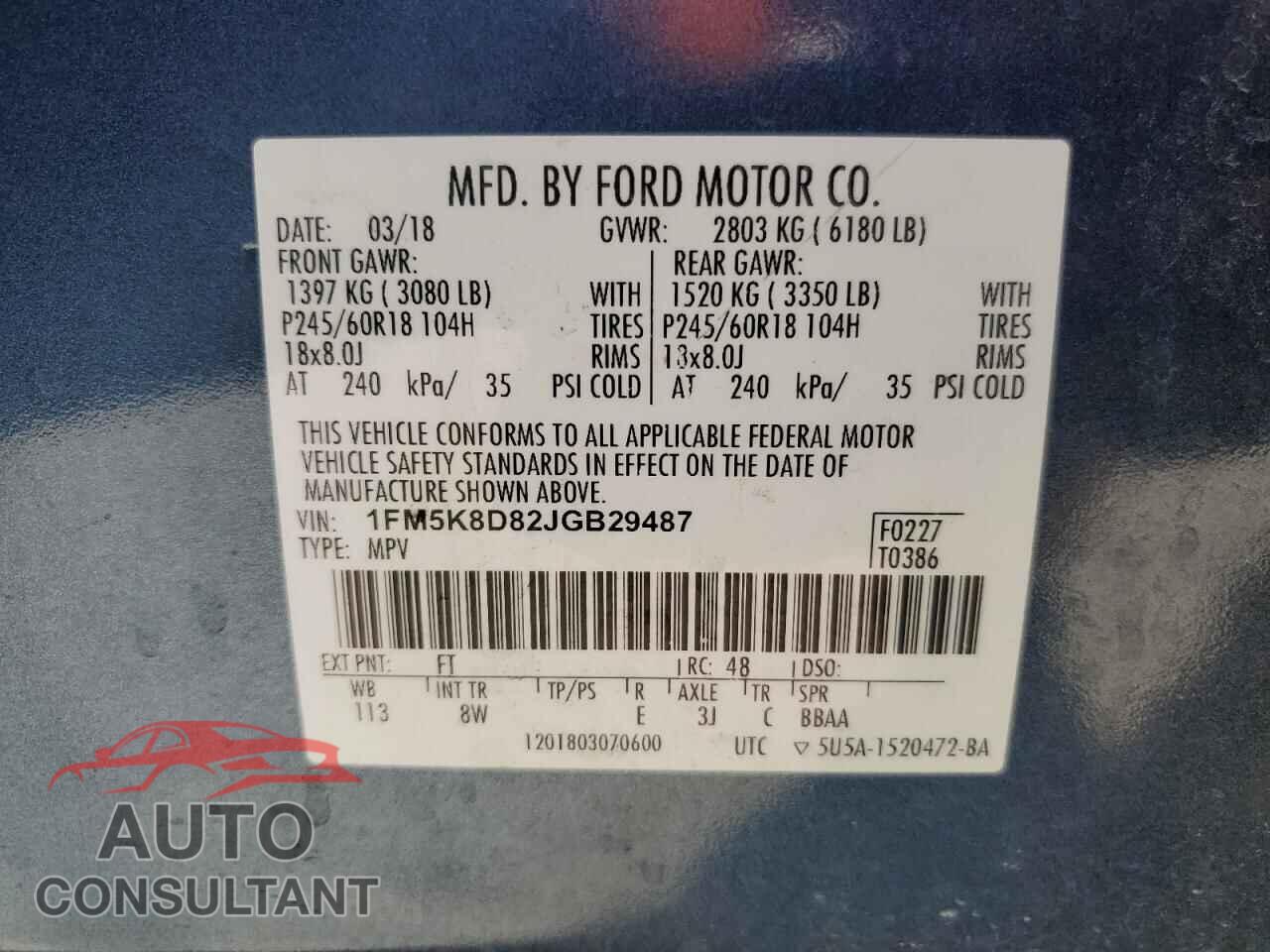 FORD EXPLORER 2018 - 1FM5K8D82JGB29487
