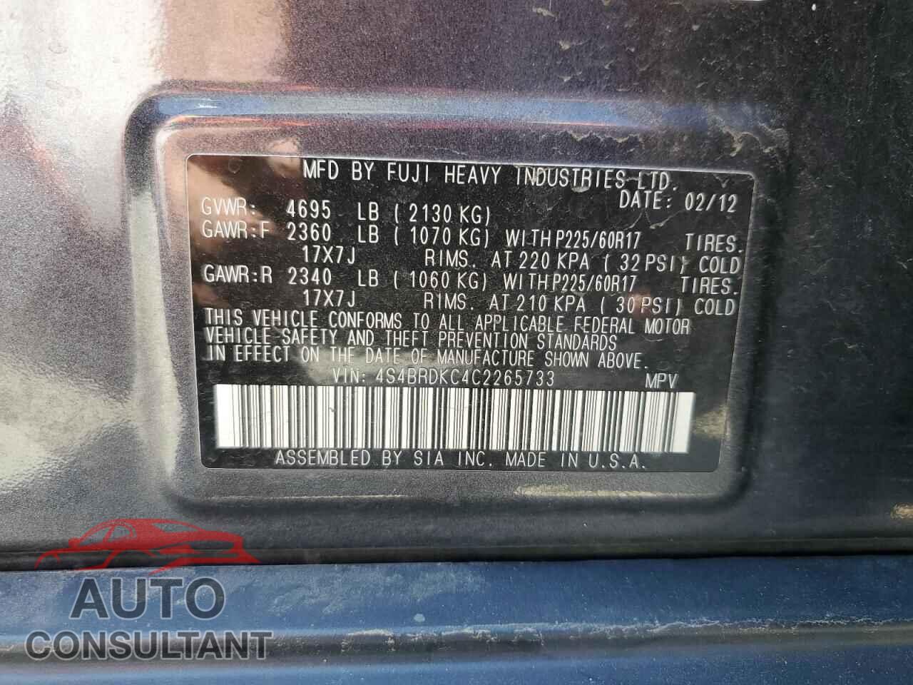 SUBARU OUTBACK 2012 - 4S4BRDKC4C2265733
