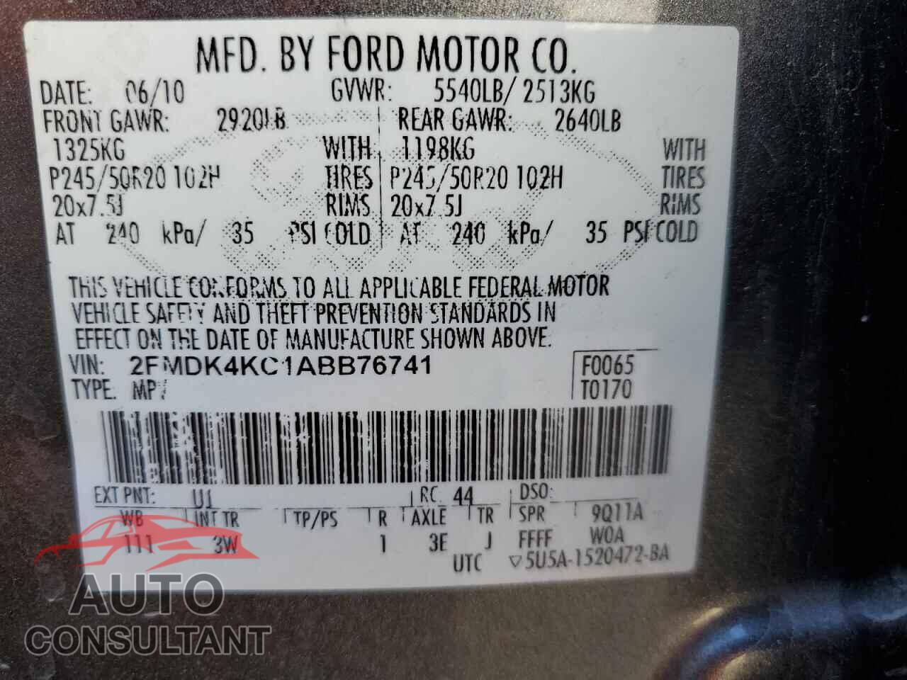 FORD EDGE 2010 - 2FMDK4KC1ABB76741