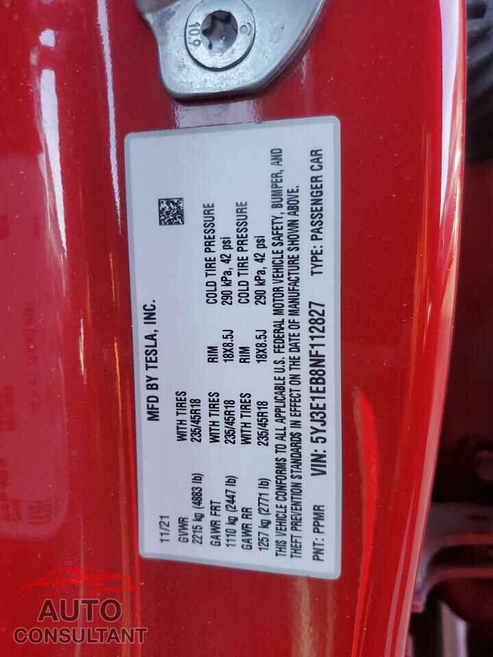 TESLA MODEL 3 2022 - 5YJ3E1EB8NF112827