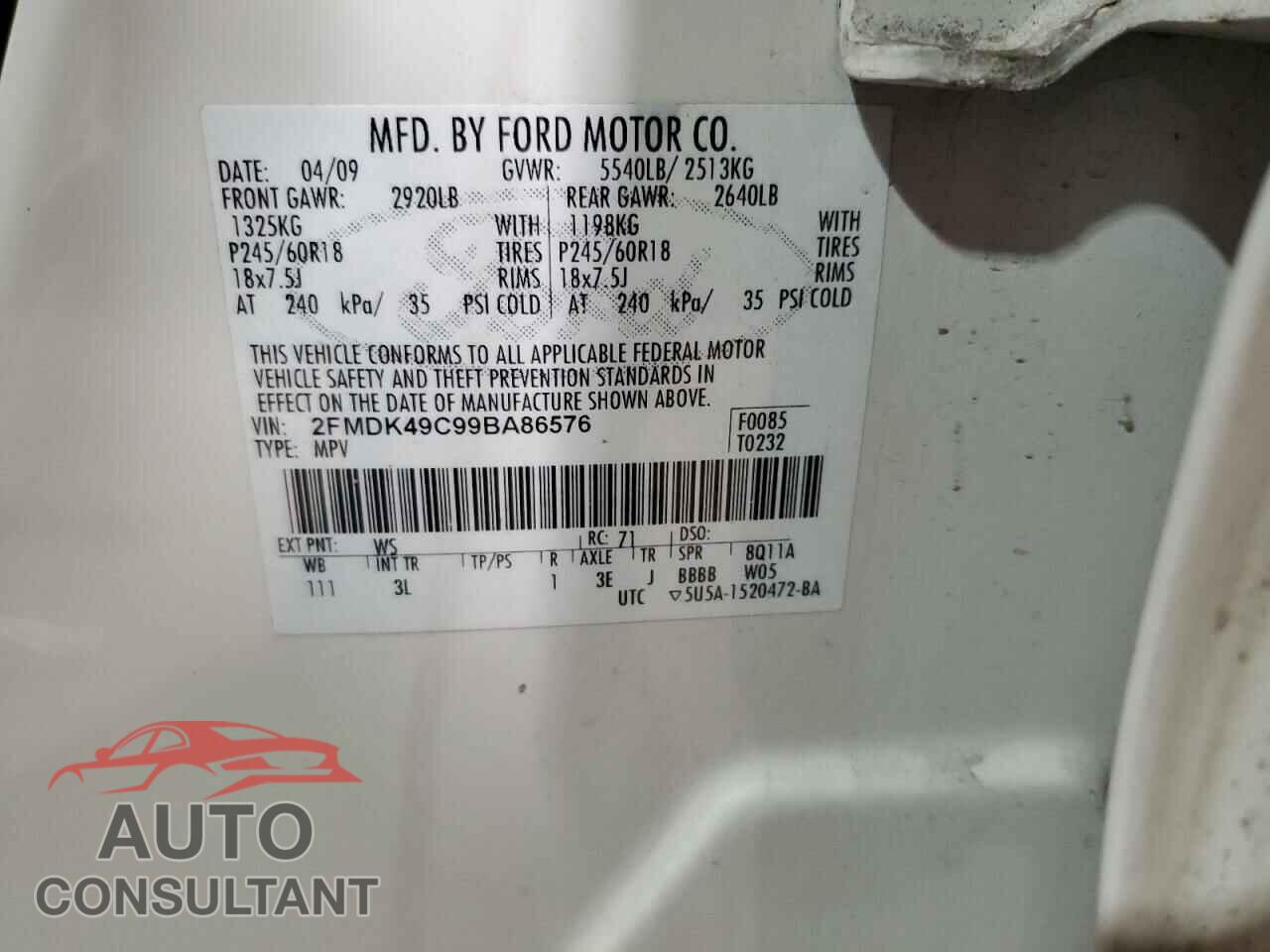 FORD EDGE 2009 - 2FMDK49C99BA86576