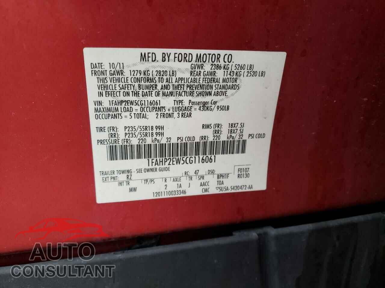 FORD TAURUS 2012 - 1FAHP2EW5CG116061