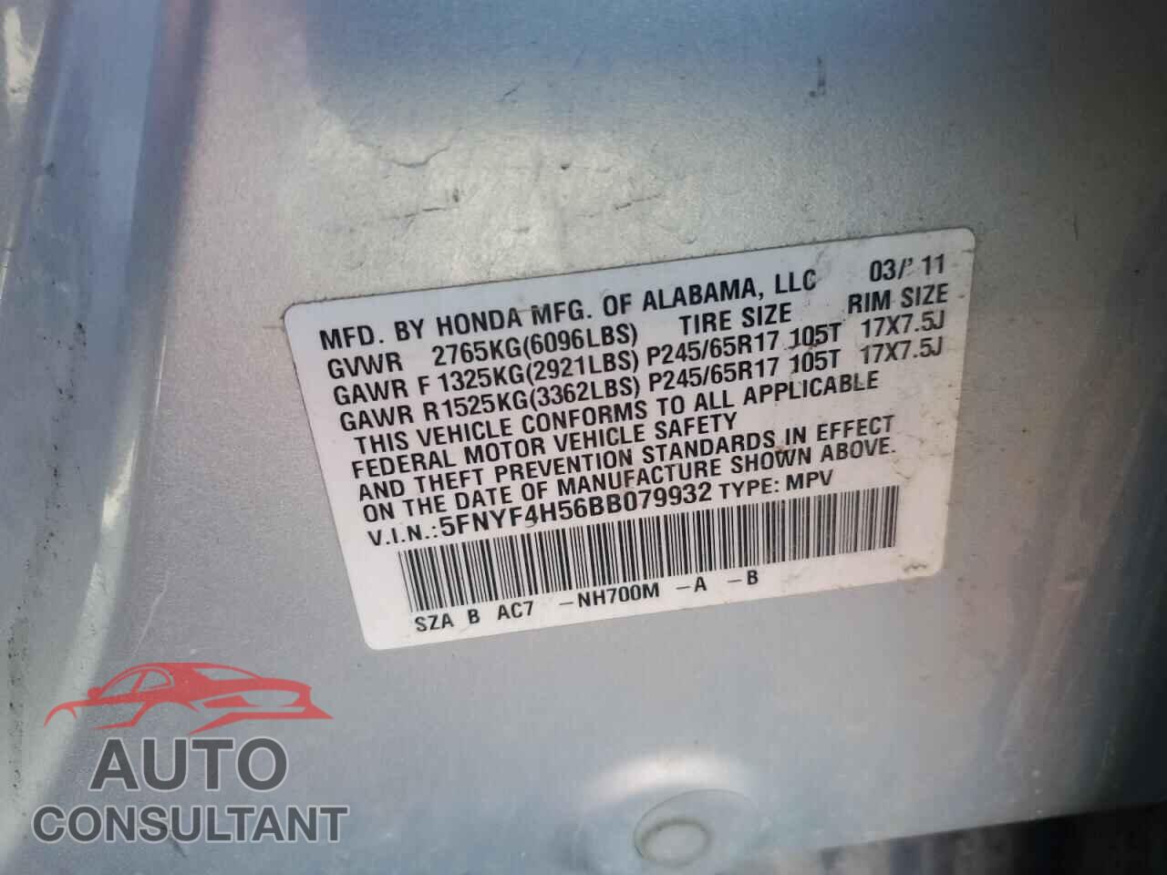 HONDA PILOT 2011 - 5FNYF4H56BB079932